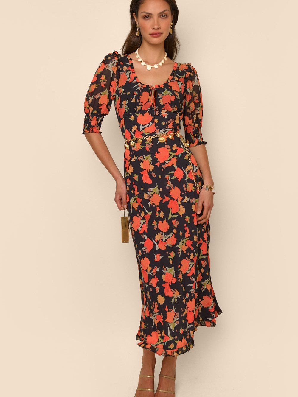 Like New - RIXO Sathya Floral Midi Dress with Puff Sleeves (3X)